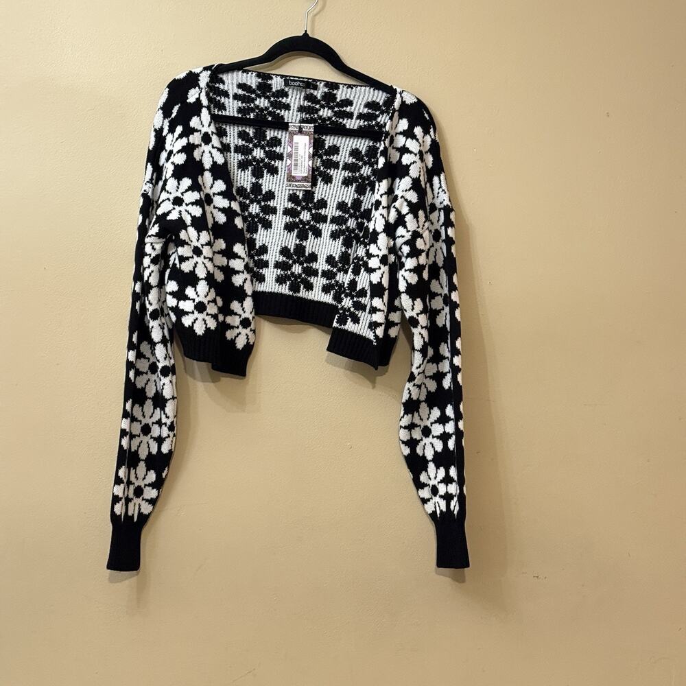 Indie Sleaze Y2K Grunge Retro Daisy Floral Boohoo Cropped Cardigan Black L